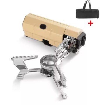 Portable folding gas stove with compact design and carry bag, lightweight backpacking stove for outdoor camping and hiking cooking.