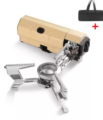 2600W camping cassette stove with its unique folding arm extended and a blue flame.