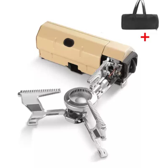 2600W camping cassette stove with its unique folding arm extended and a blue flame.