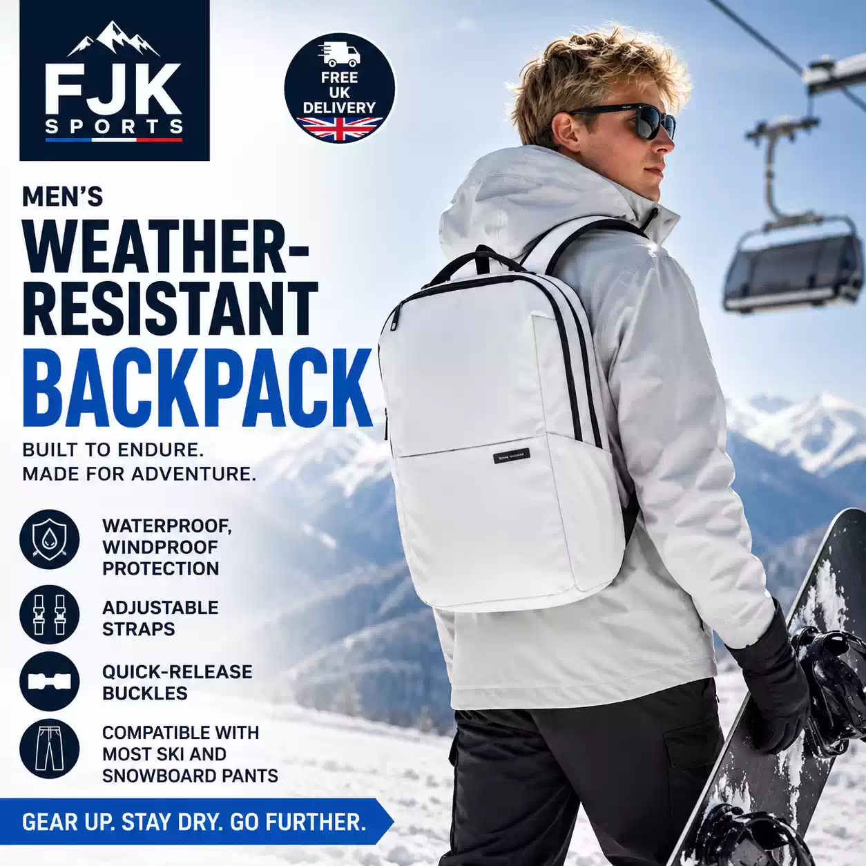 Man wearing a white weather-resistant ski backpack with padded straps and organised storage compartments