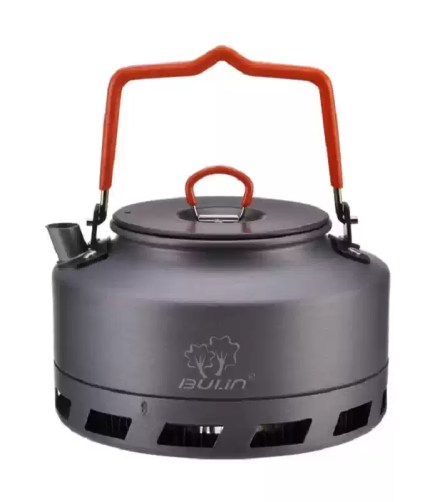 Portable quick heating exchanger camping kettle showing the heat collector ring at the base.