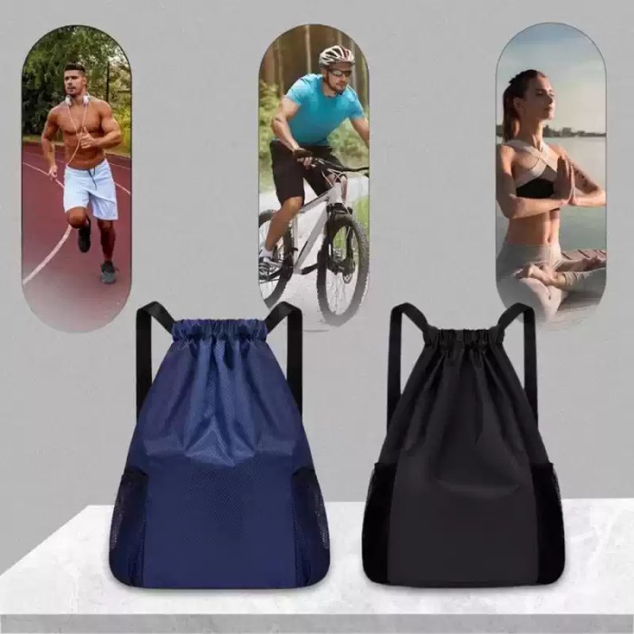LARGE CAPACITY DRAWSTRING BACKPACK_2 A unisex sports rucksack being worn as a casual backpack for a daily commute.