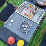 Close-up of the adjustable leg locking mechanism on a camping brazier table.