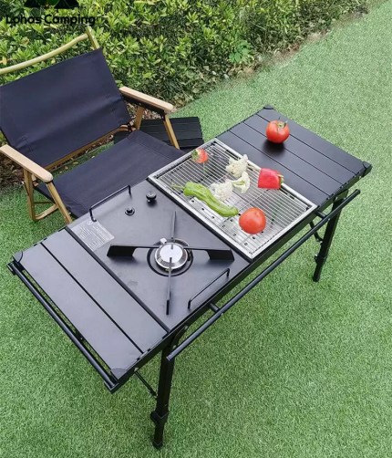 Lightweight camping folding multifunctional table set up with a 7200W burner.