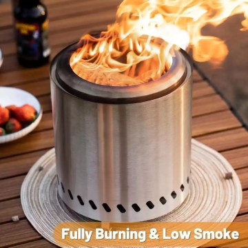 Smokeless tabletop fire pit with stainless steel design, fully burning low-smoke outdoor fire pit for camping and patio use.