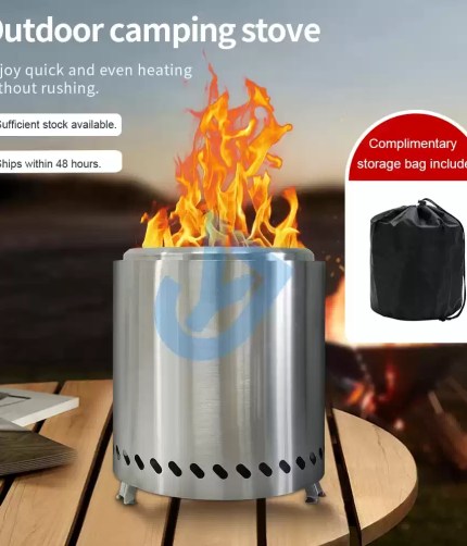 Outdoor camping smokeless stove with a bright, clean flame in a forest setting.