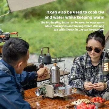 People using a portable cassette gas heater to boil water and keep tea warm at a campsite, compact outdoor heater for camping and travel use.