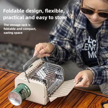 Foldable portable cassette gas heater with compact storage design, practical outdoor camping heater for travel and cold weather use.