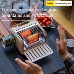 Outdoor mini heating stove glowing with orange radiant heat in a winter campsite.