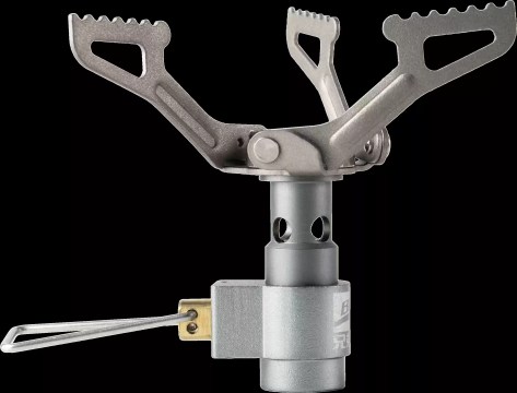 25g Titanium mini camping gas burner showing its ultra-compact folding design.