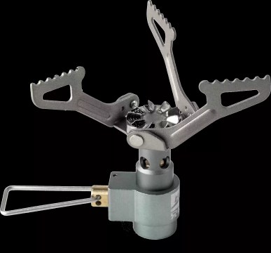 Portable folding camping gas burner with adjustable pot supports, compact lightweight backpacking stove for outdoor cooking and camping.