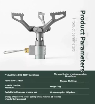 Compact ultralight camping gas stove with product parameters, foldable backpacking burner for outdoor cooking, hiking, and camping use.