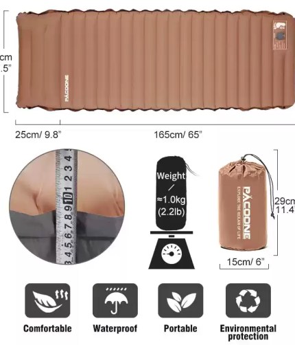 Comparison shot of the camping tent air cushion flat versus fully inflated to show its 5cm thickness.