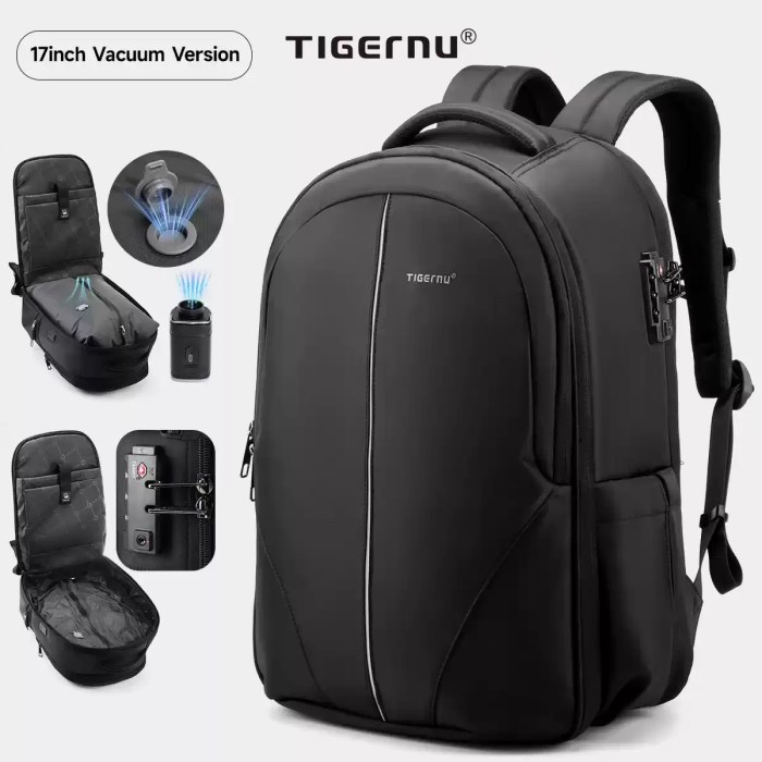 Men's vacuum compression backpack showing the compression valve shrinking the main compartment.
