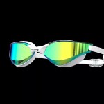 A pair of white YLKJSWIM racing swim goggles with green and yellow mirrored lenses shown against a solid black background.