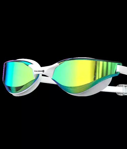 A pair of white YLKJSWIM racing swim goggles with green and yellow mirrored lenses shown against a solid black background.