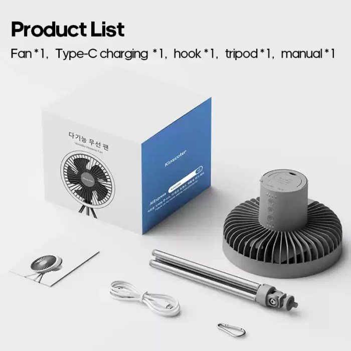 Desktop camping fan providing light during a nature hike.