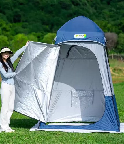 Close-up of the silver coated interior of the waterproof privacy tent.