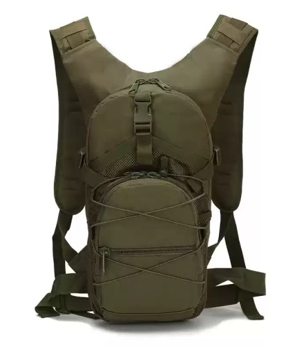 Black 15L Molle tactical backpack being worn by a cyclist on a mountain trail.