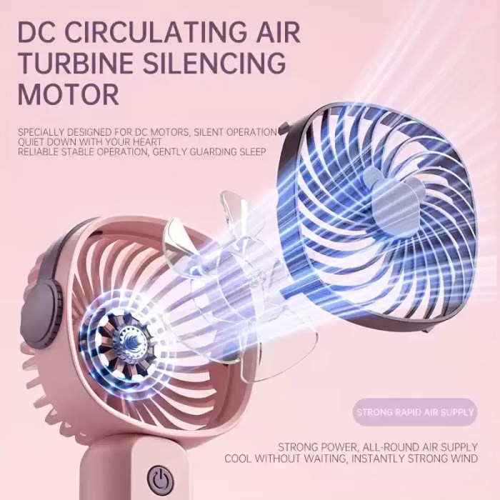 1800mAh Mini Portable Fan_4 A blue mini portable fan placed on a camping table next to a tent for airflow.