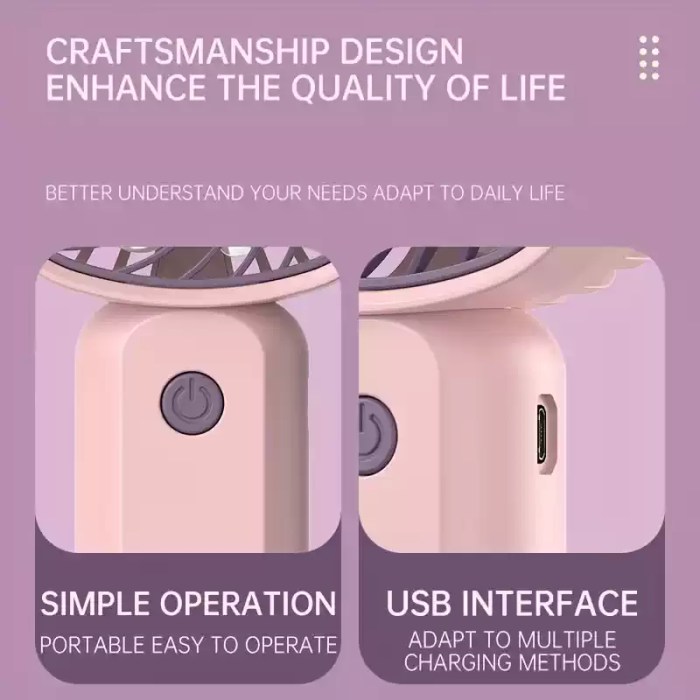 1800mAh Mini Portable Fan_5 Close-up of the USB charging port on a rechargeable portable fan with its indicator light on.