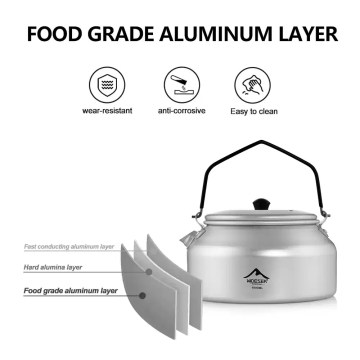 Food-grade aluminium camping kettle with durable easy-clean design