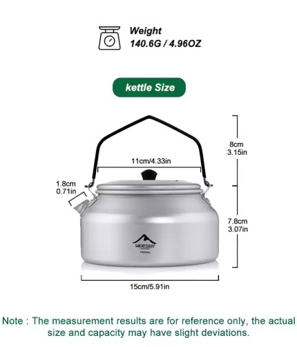 Compact 1L aluminum camping kettle held in one hand to show its portable travel size.
