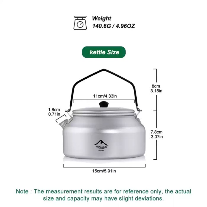 Compact 1L aluminum camping kettle held in one hand to show its portable travel size.