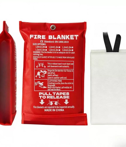 FJK Camping Gear fire blanket in its red emergency storage pouch.