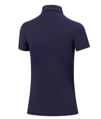Plain back view of a women navy blue short sleeve athletic golf polo shirt.