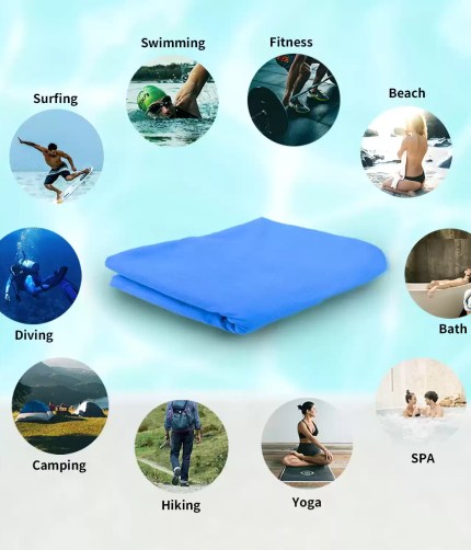 blue microfiber towel displayed alongside circular icons illustrating multiple activities including surfing, swimming, fitness, beach, bath, spa, hiking, and camping.