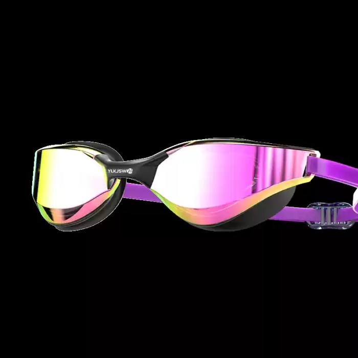 Purple-Racing-Goggles-Pink-Mirrored-Lens.webp A pair of black and purple YLKJSWIM racing swim goggles with pink and gold mirrored lenses against a black background.