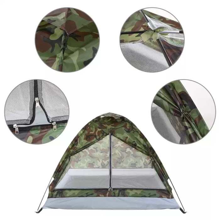 2 Person Camouflage Camping Tent_1 Simple pole assembly of an outdoor portable camouflage summer tent.