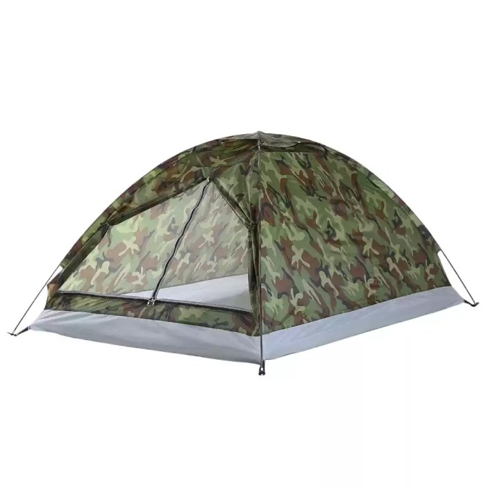 2 Person Camouflage Camping Tent_6 2 person camouflage camping tent set up in a dense forest.