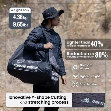 Alt Text: Compact 2 person camping bed mat deflated and rolled up next to a travel backpack for scale.