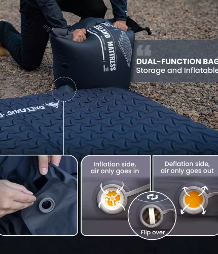 Alt Text: Close-up of the integrated foot-press built-in pump on a 2 person camping mat showing the easy inflation valve.