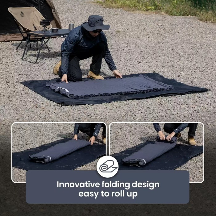 lt Text: Detailed view of the heavy-duty TPU-coated nylon material on a moisture-proof sleeping pad interior air mattress.