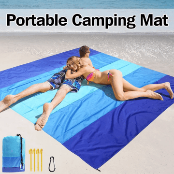 2x2.1m waterproof pocket beach blanket spread out on a sunny beach with a family.