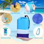 Water droplets beading on the waterproof surface of a blue camping blanket.