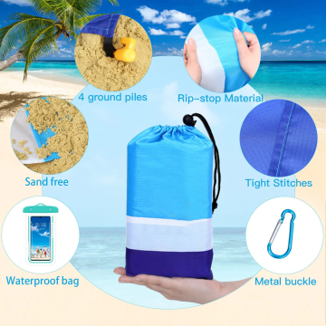 Water droplets beading on the waterproof surface of a blue camping blanket.