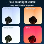 A demonstration of the four color light source modes on the camping light: Cold White, Yellow Light, Warm White, and SOS red light, with brightness adjustable by long pressing.