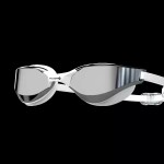A pair of white YLKJSWIM racing swim goggles with silver mirrored lenses against a black background.
