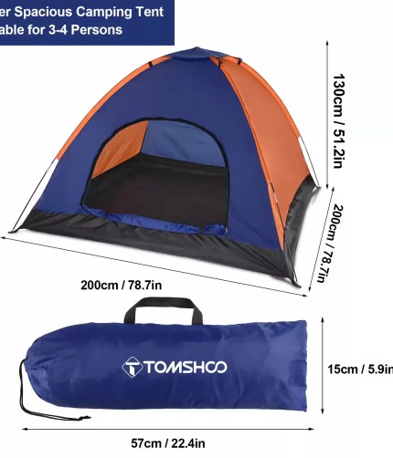 3-4 person camping tent set up in a green forest clearing.