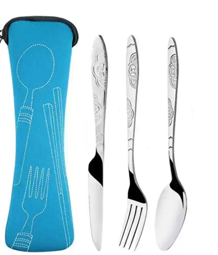 Portable travel camping cutlery used for a meal on a nature hike.