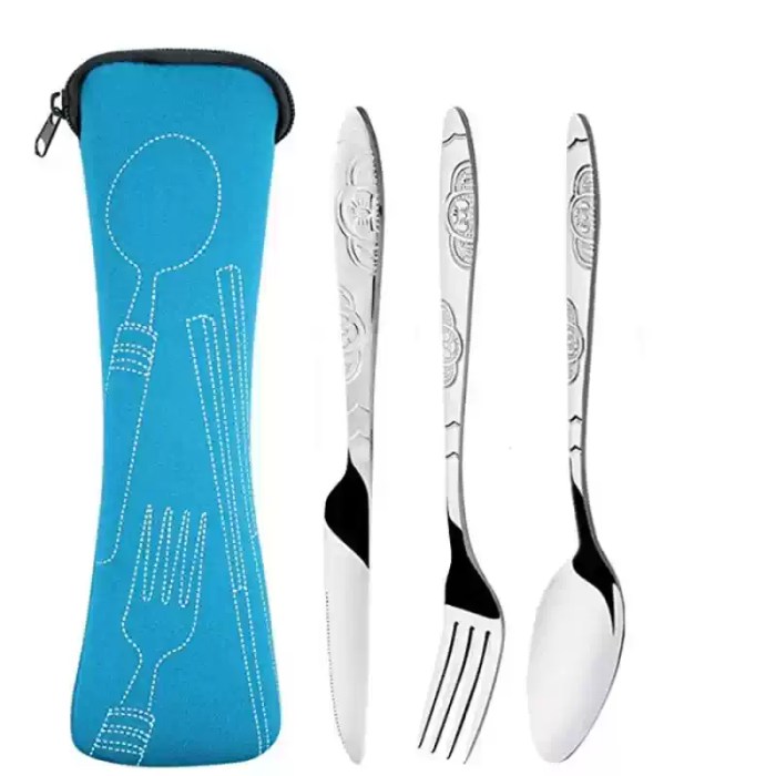 Portable travel camping cutlery used for a meal on a nature hike.