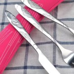Dinnerware case flatware kit laid out for a camping picnic.