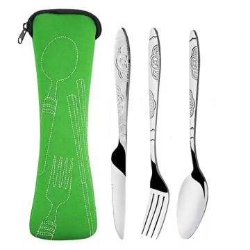 3Pcs/set stainless steel dinner set with a portable cloth bag.