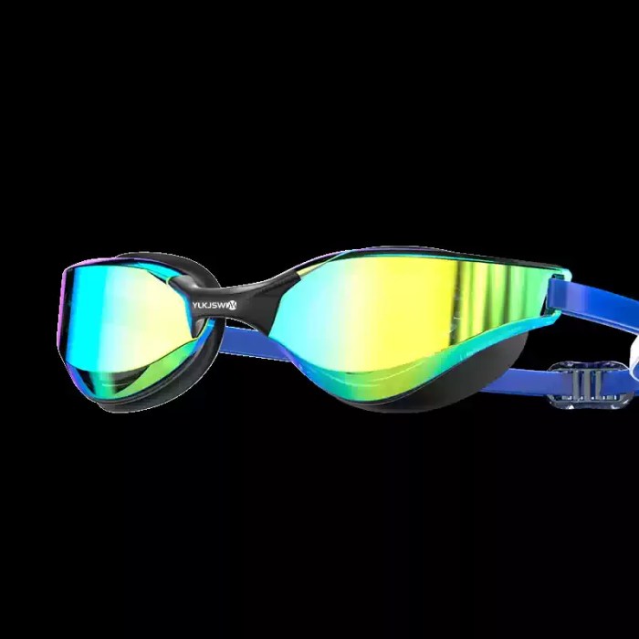 Blue-Racing-Goggles-Green-Mirrored-Lens.webp A pair of black and blue YLKJSWIM racing swim goggles with green and yellow mirrored lenses against a black background.