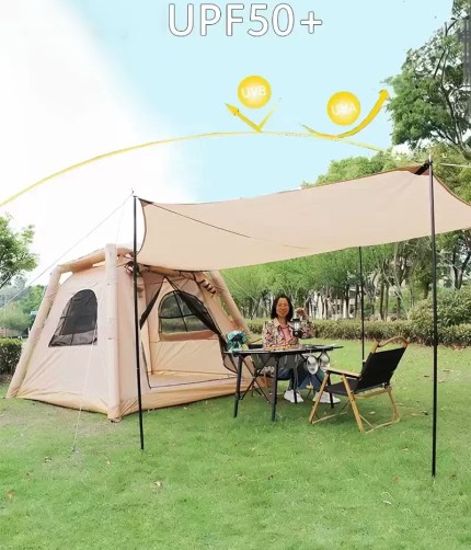 Premium 4-person waterproof air tent featuring inflatable beam technology for a sturdy UK campsite setup.