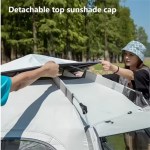 Portable pop up tent springing into shape instantly at a campsite.